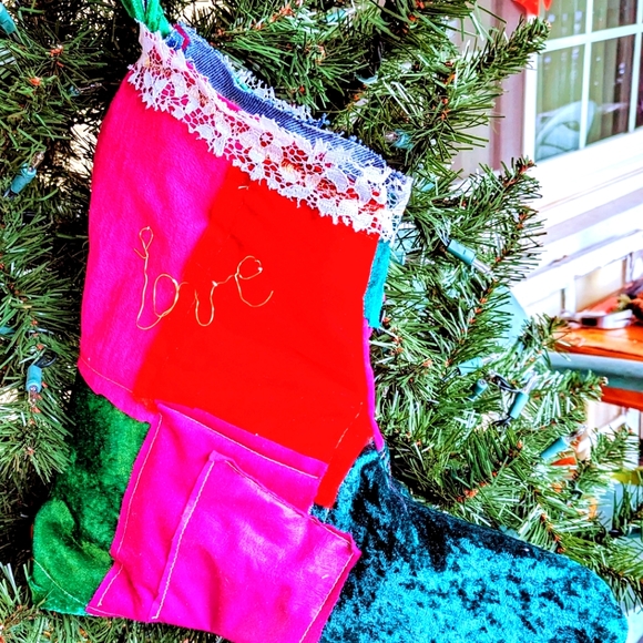 Santa's Boot Christmas Stocking Velvet Lace Denim OOAK Handmade Cabin Boho - Picture 3 of 9